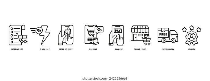 Online Shopping banner web icon vector illustration for mobile app for Shopping List, Order Delivery, Flash Sale, Discount, Payment, Online Store, Free Delivery And Customer Loyalty