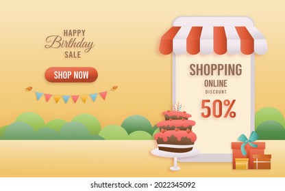 Online Shopping Banners Discount 50% Jungle Animals Birthday Theme. Celebration Voucher Happy Birthday. Decorating With Cake And Gift Box Paper Cut, And Papercraft Style Vector Illustrator.