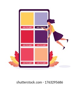 Online shopping banners. online shopping e-commerce concept: woman click button "add to cart" on smartphone. Flat design illustration. 