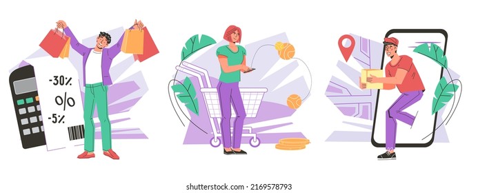 Online shopping banners set depicting delivery and order in the online store, flat vector illustration isolated on white background. Online purchases bundle for web and app.