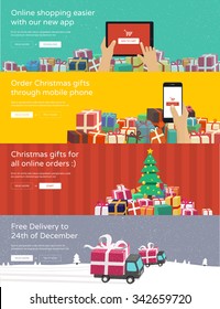 Online shopping banners for website - hands holding tablet / phone ordering christmas gifts. Flat design illustration.