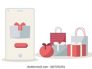 Online shopping banners for websites -  phone ordering Christmas gifts. Copyspace. 