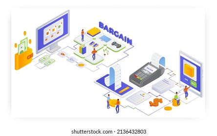 Online shopping bargain, flat vector isometric illustration. Sales and discounts. Mobile banking, contactless payment.