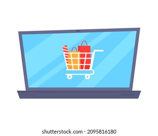 Online shopping. Basket with purchases on the screen of a laptop computer, isolated on a white background. Internet banking and commerce.
