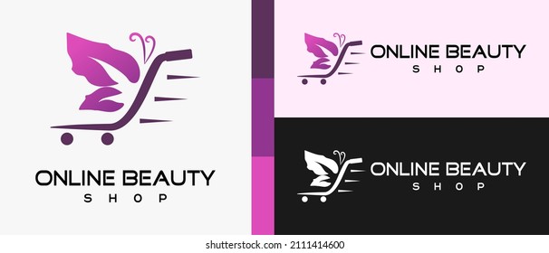 online shopping or online beauty shop logo design template with shopping cart elements in line art and butterfly icon. premium online beauty shop logo illustration vector
