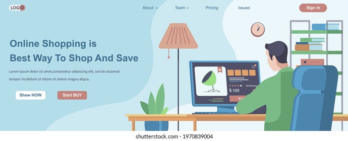 Online Shopping Is Best Way To Shop and Save web banner concept. Man makes purchase at store website, pays online landing page template. Vector illustration with people characters in flat design