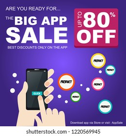 Online shopping, Big app sale for web app banner. Discount banner design