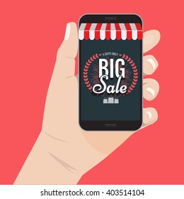 Online shopping big sale concept with man's hand holding smartphone and e-commerce vector illustration. Big Sale and sunburst or hand drawn star. Big sale Awning on smartphone