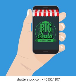 Online shopping big sale concept with man's hand holding smartphone and e-commerce vector illustration. Big Sale and sunburst or hand drawn star. Big sale Awning on smartphone