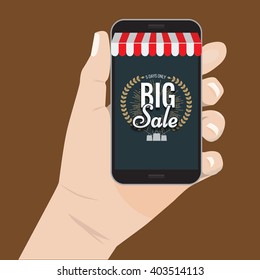Online shopping big sale concept with man's hand holding smartphone and e-commerce vector illustration. Big Sale and sunburst or hand drawn star. Big sale Awning on smartphone