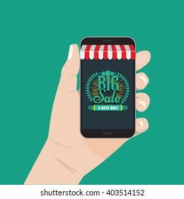 Online shopping big sale concept with man's hand holding smartphone and e-commerce vector illustration. Big Sale and sunburst or hand drawn star. Big sale Awning on smartphone