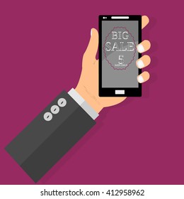 Online shopping big sale concept with man's hand holding smartphone and e-commerce vector illustration. Big Sale and sunburst or hand drawn star. Big sale Awning on smartphone
