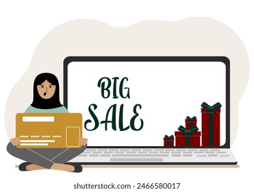 Online shopping. Big sale. A woman sits cross-legged in his hands holding a shopping card. Next to a laptop with gifts. Vector flat illustration