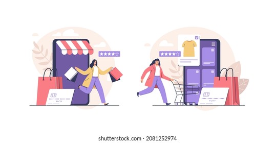 Online shopping. Big seasonal sale and discount at store, shop, mall. Vector illustration.