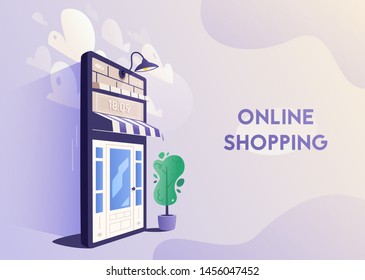 Online shopping. Big smartphone turned into internet shop. Cartoon vector illustration. Concept of mobile digital marketing and e-commerce. Supermarket in device. Awning above online store front door