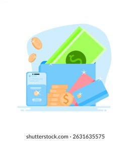 Concepto de pago de facturas de compras en línea. Procesamiento de pagos en línea, transacciones financieras, tarjetas bancarias, billeteras electrónicas para el proceso de compra.