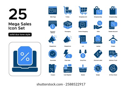 Online Shopping and Black Friday Deals. E-commerce, Flash Sales, and Discounts. Vector Illustration. Solid duo tone icon set