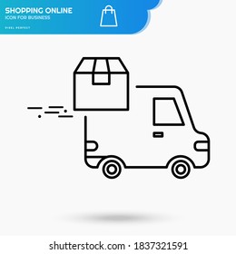 Online shopping black linear icon vector template for business and E-commerce, online payment symbol for UI and store. Delivery from smartphone or laptop. Pixel perfect vector icon.