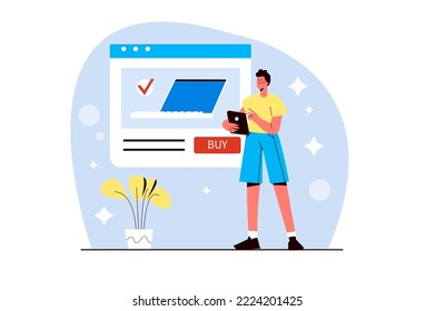 Online Shopping Blue Concept With People Scene In The Flat Cartoon Style. Guy Chooses A New Laptop In An Online Store. Vector Illustration.