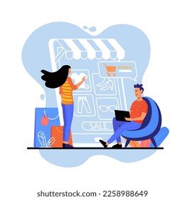 Online shopping blue concept with people scene in the flat cartoon style. Young couple choose clothes and make an order on the online store. Vector illustration.