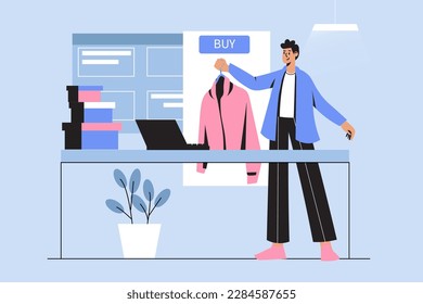 Online shopping blue concept with people scene in the flat cartoon design. Man wants to buy new clothes in an online store. Vector illustration.