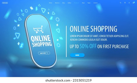 Compras en línea, banner web de descuento azul con oferta y smartphone con fondo borroso