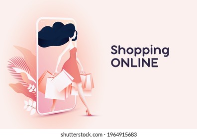 Online shopping or online boutique banner concept with pretty woman in dress holding shopping bags and comes out of the mobile screen on light pink background. Vector illustration