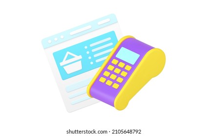 Online shopping browsing and paying goods with laptop screen and POS terminal isometric 3d icon template vector illustration. Internet buying purchase order delivery e commerce application isolated