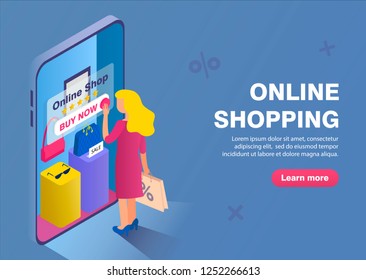 Online shopping buisness concept banner. Blond girl chooses goods in the online store.