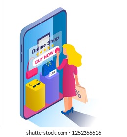 Online shopping buisness concept banner. Blond girl chooses goods in the online store.