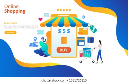 Online Shopping and Business concept for e-Commerce with shopping people activities. Suitable for web landing page, ui, mobile app, banner template. Vector Illustration