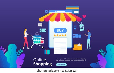 Online Shopping and Business concept for e-Commerce with shopping people activities. Suitable for web landing page, ui, mobile app, banner template. Vector Illustration