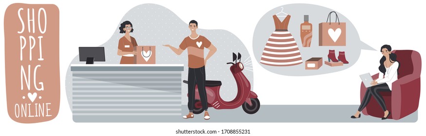 Online shopping business concept, store with delivery, man and woman buy things in online shop on laptop computer cartoon vector illustration. E-commerce for shoppers online via internet technology.