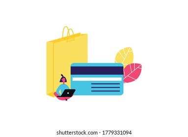 Online shopping business credit card bag online shop store vector illustration.