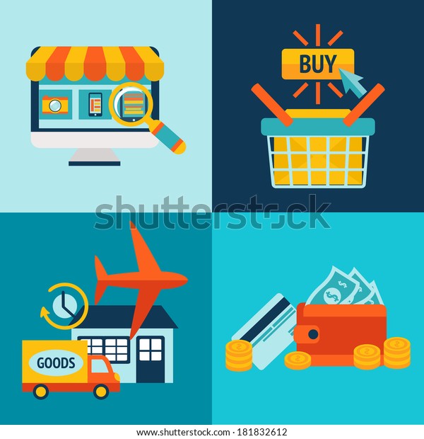Online shopping\
business icons set of internet catalog purchase and delivery\
service vector\
illustration