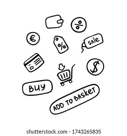 Online shopping business icons. Simple doodle e-store icon set. E-commerce signs. Vector illustration