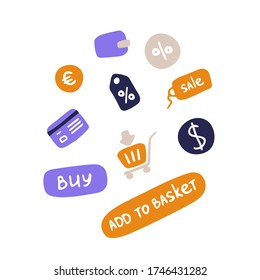 Online shopping business icons. Simple doodle flat e-store icon set. E-commerce signs. Vector illustration