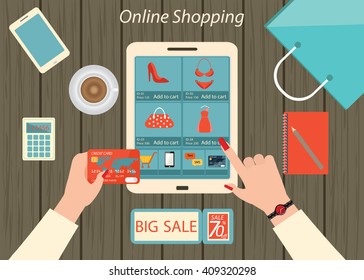 Online shopping, businesswoman purchasing products and making orders using a laptop with shopping bags, credit cards, coupons, calculator, and products, delivery conceptual vector illustration.