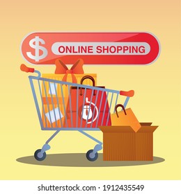 online shopping button cart with gift box and bag vector illustration