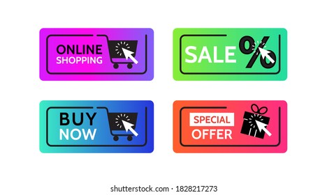 Online shopping button. Sale, buy now, special offer, order online. Concept of tag, label, click, icon. Computer symbol for website and mobile development. Vector illustration.