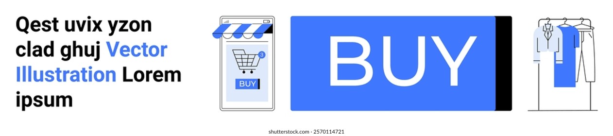Online shopping button with a store icon and hanging clothes. Ideal for e-commerce, retail, marketing, online sales, digital advertising, shopping websites, and purchase promotions. Banner