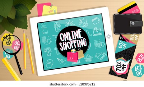 Online shopping buy now concept desktop with shopping icons. Phone on table, shopping bags, credit card, banners, coupons and calculations. Easy editable for You design.