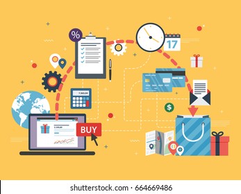 Online shopping. Buy, payment and delivery of product to customer. E-commerce and business icons, finance, credit card and gift, transportation, location and delivery. Flat design vector illustration.