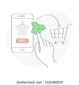 Online Shopping, buy online via Mobile Phone concept. Smartphone with T-short on the display and E-commerce Basket Cart, Online Market Shop and Purchase Sign. Outline UI vector illustration on white