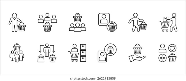 Online shopping buyer icons. Consumer shop icon set. User shopper sign collection. Icon symbol contains people, goods, stock, shopper, buyer, trolley, shopping basket. Vector illustration