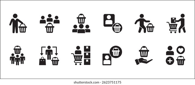 Online shopping buyer icons. Consumer shop icon set. User shopper sign collection. Icon symbol contains people, goods, stock, shopper, buyer, trolley, shopping basket. Vector illustration