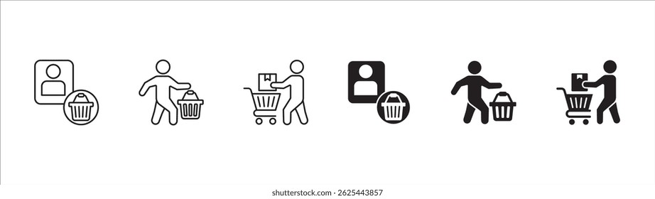 Online shopping buyer icons. Consumer shop icon set. User shopper sign collection. Icon symbol contains people, goods, stock, shopper, buyer, trolley, shopping basket. Vector illustration