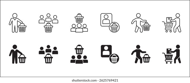 Ícones de comprador de compras online. Conjunto de ícones da loja do consumidor. Coleção de assinaturas do comprador do usuário. Símbolo de ícone contém pessoas, mercadorias, estoque, comprador, carrinho, cesta de compras. Ilustração vetorial