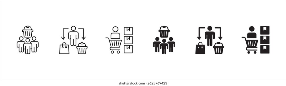 Online shopping buyer icons. Consumer shop icon set. User shopper sign collection. Icon symbol contains people, goods, stock, shopper, buyer, trolley, shopping basket. Vector illustration