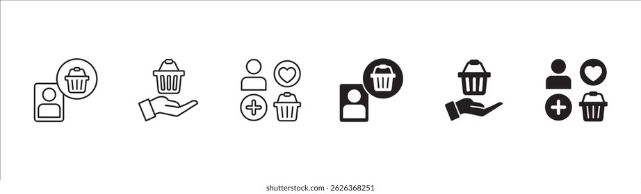 Online shopping buyer icons. Consumer shop icon set. User shopper sign collection. Icon symbol contains people, goods, stock, shopper, buyer, trolley, shopping basket. Vector illustration